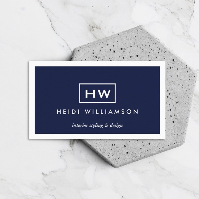 Box Logo with Two Initials Monogram on Dark Blue Business Card (Creator Uploaded)
