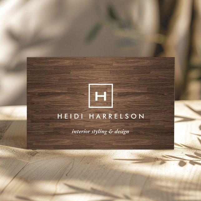 BOX LOGO with YOUR INITIAL/MONOGRAM BROWN WOOD II Business Card (Creator Uploaded)