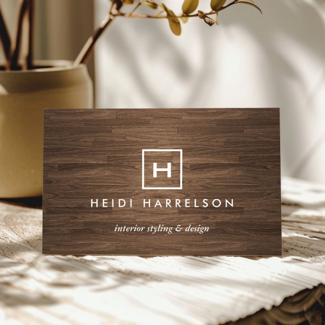 BOX LOGO with YOUR INITIAL/MONOGRAM on BROWN WOOD Business Card (Creator Uploaded)