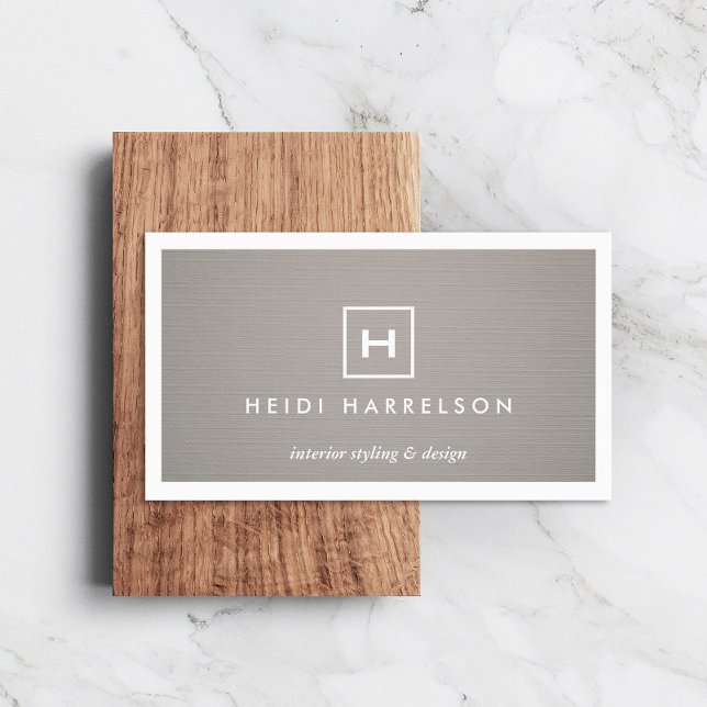 BOX LOGO with YOUR INITIAL/MONOGRAM on GRAY LINEN Business Card (Creator Uploaded)