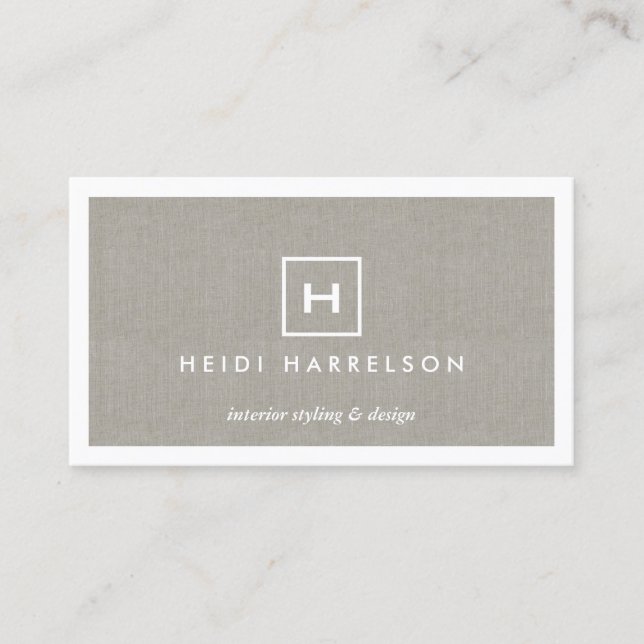 BOX LOGO with YOUR INITIAL/MONOGRAM on KHAKI LINEN Business Card (Front)