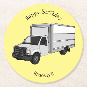 Box truck cartoon illustration round paper coaster