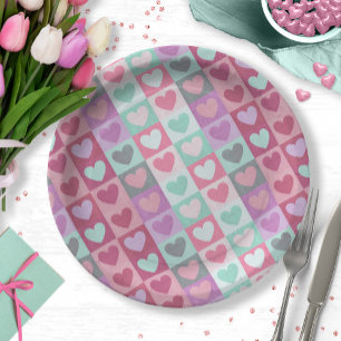 Boxed Hearts Pattern Aqua/Pink ID629 Paper Plate