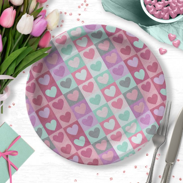 Boxed Hearts Pattern Aqua/Pink ID629 Paper Plate (Creator Uploaded)