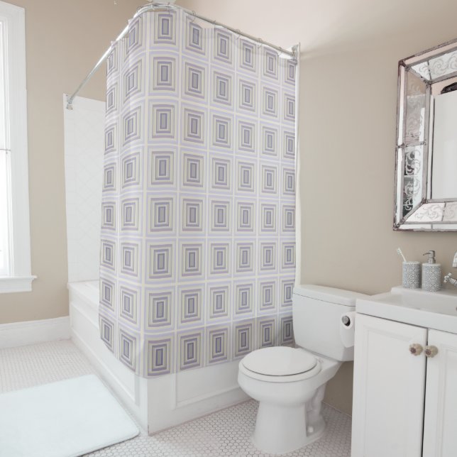Boxed In Chalk Grey Lavender Geometric Design Shower Curtain (In Situ)