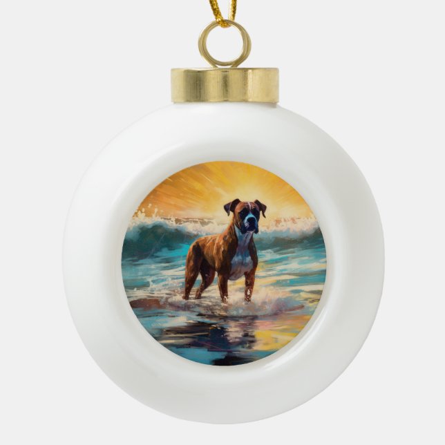 Boxer Beach Surfing Painting Ceramic Ball Christmas Ornament (Front)