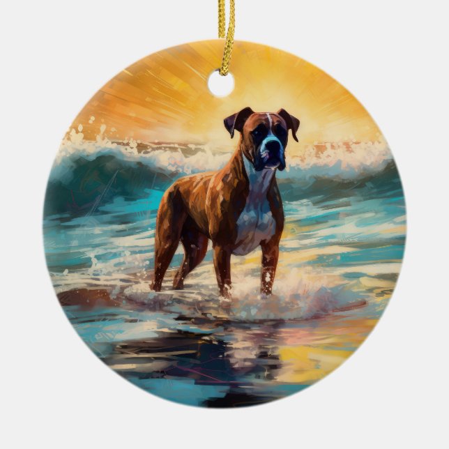 Boxer Beach Surfing Painting Ceramic Ornament (Front)