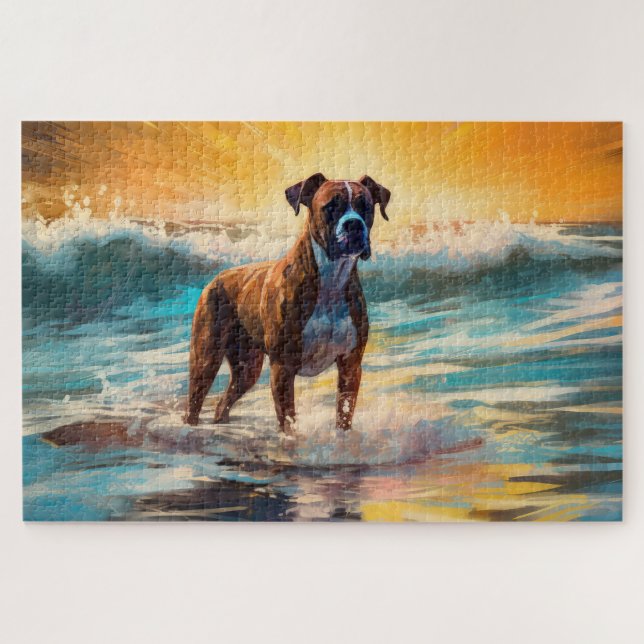 Boxer Beach Surfing Painting Jigsaw Puzzle (Horizontal)