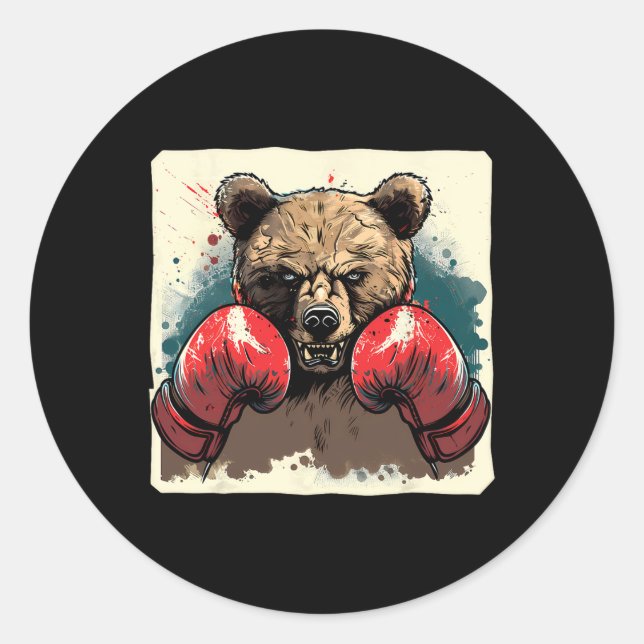 Boxer Bear With Boxing Gloves Kickboxing Funny Box Classic Round Sticker (Front)