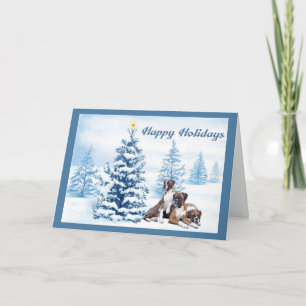 Boxer Christmas Blue Tree Greeting Card