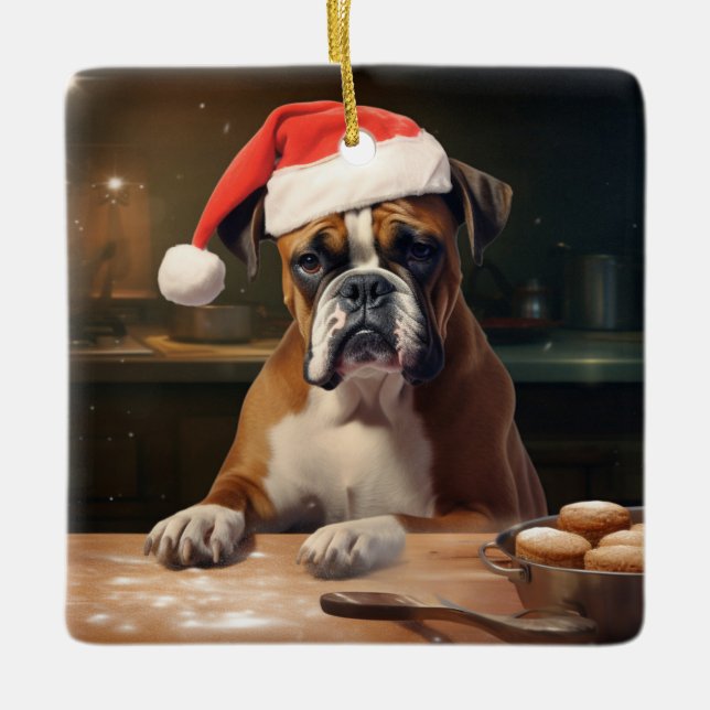 Boxer Christmas Cookies Festive Holiday Ceramic Ornament (Front)