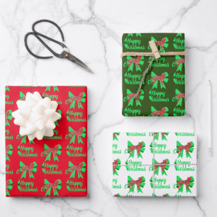 Boxer Christmas Dog & Green Bow Three Colour Wrapping Paper Sheet