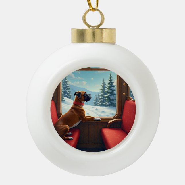 Boxer Christmas Eve Train Ride Painting Ceramic Ball Christmas Ornament (Front)