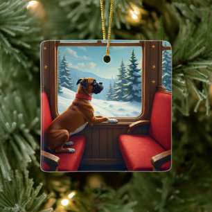 Boxer Christmas Eve Train Ride Painting Ceramic Ornament