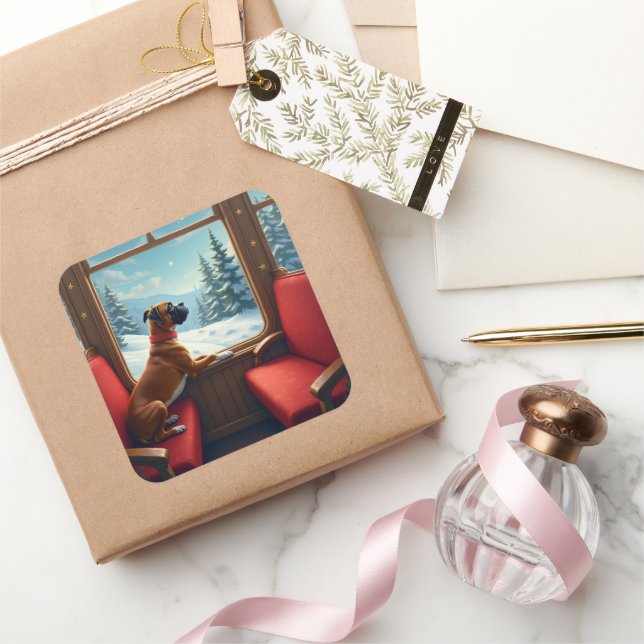 Boxer Christmas Eve Train Ride Painting Square Sticker (Gifting)