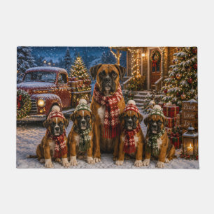 Boxer Christmas Family Snowy Farmhouse Holiday Doormat