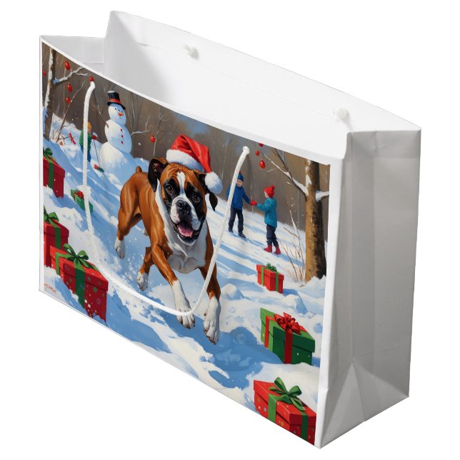 Boxer Christmas Festive Snow Scene Large Gift Bag (Front Angled)