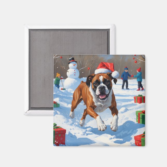 Boxer Christmas Festive Snow Scene Magnet (Front/Back)