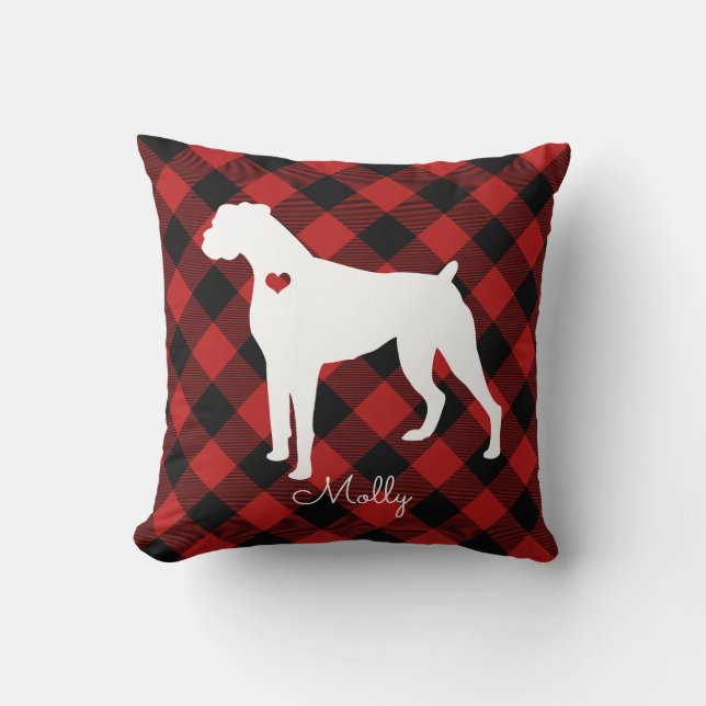 Boxer Christmas Plaid Dog Name Cushion (Front)