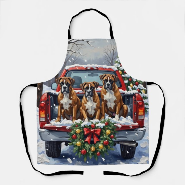 Boxer Christmas Red Truck Holiday Apron (Front)