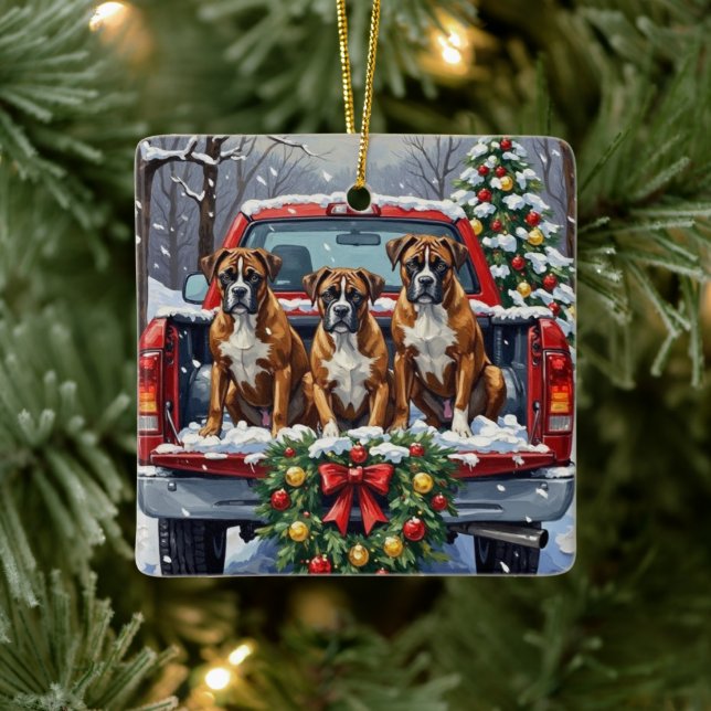 Boxer Christmas Red Truck Holiday Ceramic Ornament (Tree)