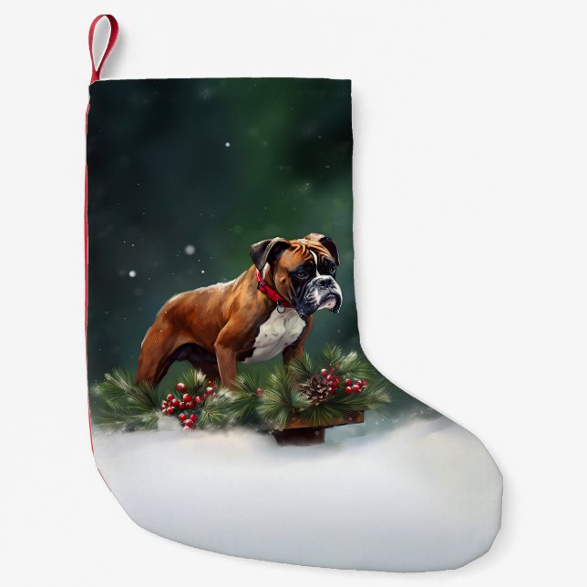 Boxer Christmas snow winter Small Christmas Stocking (Front)