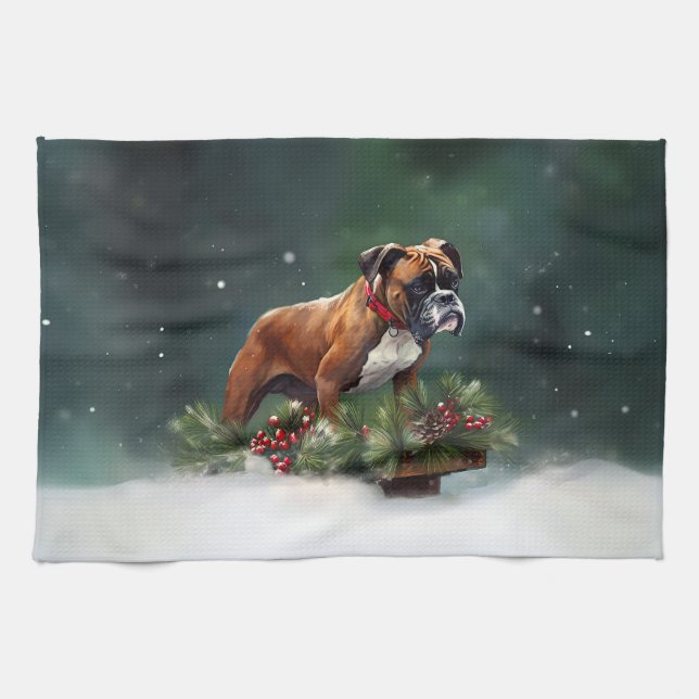 Boxer Christmas snow winter Tea Towel (Horizontal)