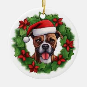 Boxer Christmas Wreath Ceramic Ornament