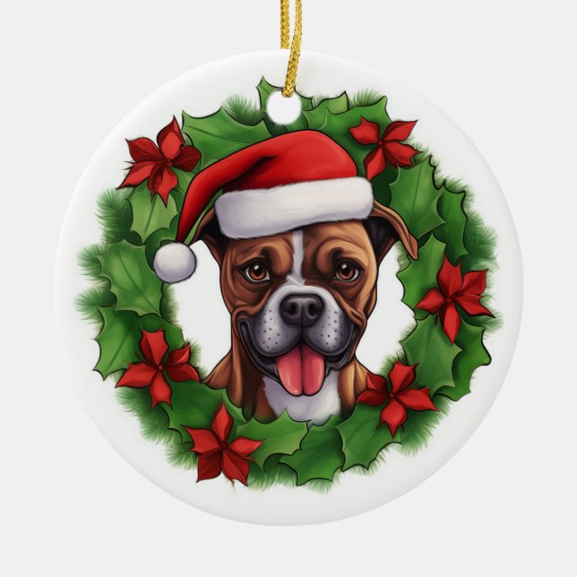 Boxer Christmas Wreath Ceramic Ornament (Front)