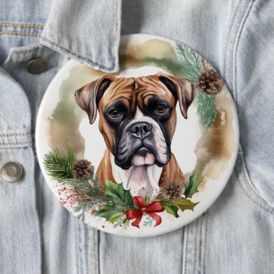 Boxer Christmas Wreath Festive Pup 6 Cm Round Badge
