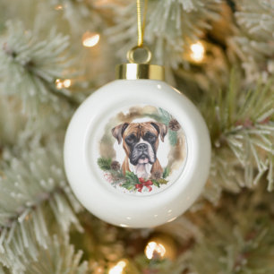 Boxer Christmas Wreath Festive Pup Ceramic Ball Christmas Ornament