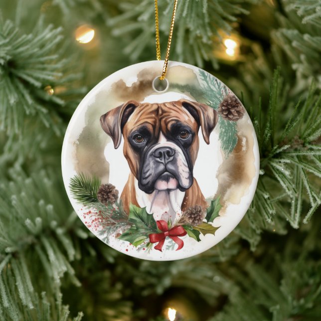 Boxer Christmas Wreath Festive Pup Ceramic Ornament (Tree)