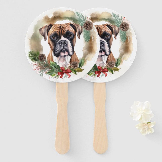 Boxer Christmas Wreath Festive Pup Hand Fan (Front and Back)
