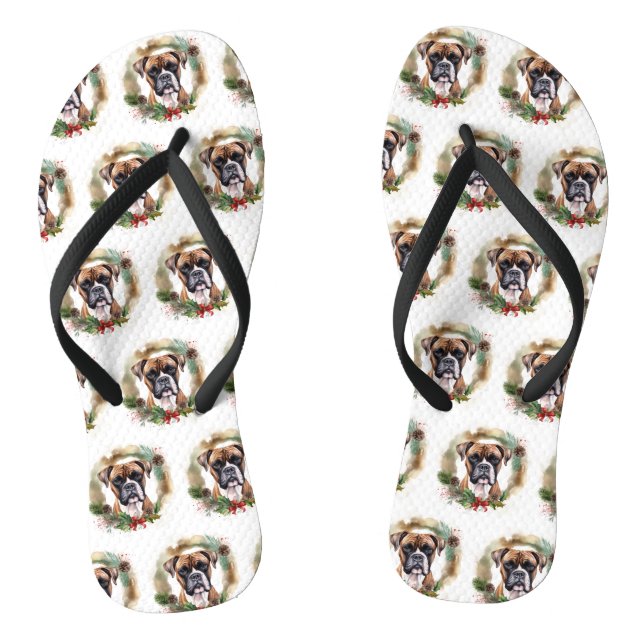 Boxer Christmas Wreath Festive Pup Thongs (Footbed)