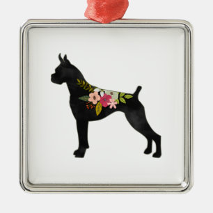 Boxer Cropped Ears Boho Floral Silhouette Metal Ornament