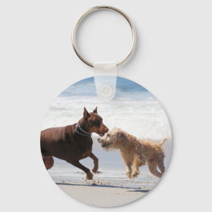 Boxer Doberman - Play Date at the Beach Key Ring