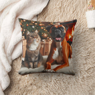 Boxer Dog and Cat Christmas Cushion