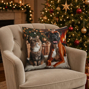 Boxer Dog and Cat Christmas Cushion