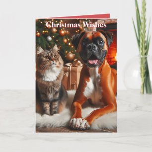 Boxer Dog and Cat Christmas Holiday Card