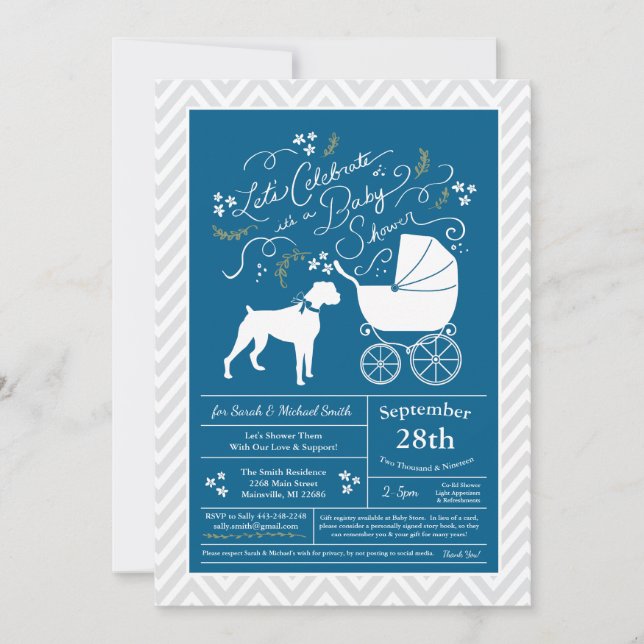 Boxer Dog Baby Shower Blue Boy Invitation (Front)