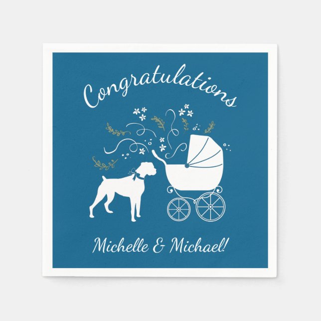 Boxer Dog Baby Shower Puppy Blue Boy Napkin (Front)