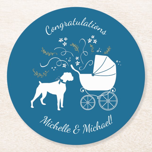 Boxer Dog Baby Shower Puppy Blue Boy Round Paper Coaster (Front)