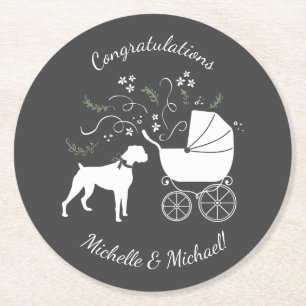 Boxer Dog Baby Shower Puppy Grey Round Paper Coaster