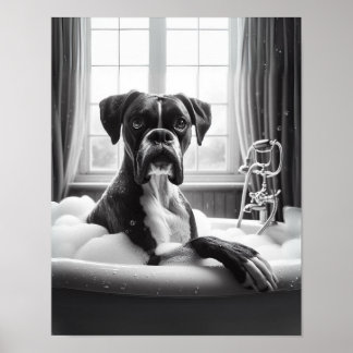 Boxer Dog Bathroom Wall Art, Boxer Taking a Bath Poster