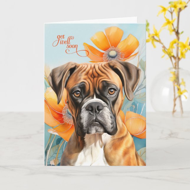 Boxer Dog Bold Orange Poppy Flowers Get Well Card (Yellow Flower)