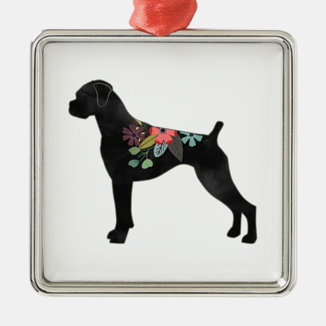 Boxer Dog Breed Natural Boho Floral Silhouette Metal Ornament (Front)
