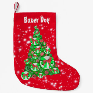 Boxer Dog Christmas Big Tree Holiday Green Bow Red Small Christmas Stocking