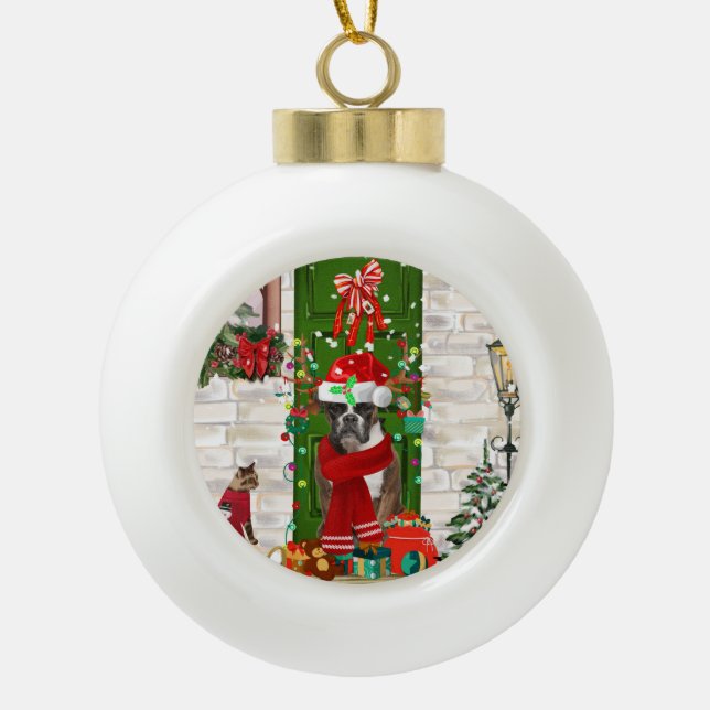 Boxer Dog Christmas   Ceramic Ball Christmas Ornament (Front)
