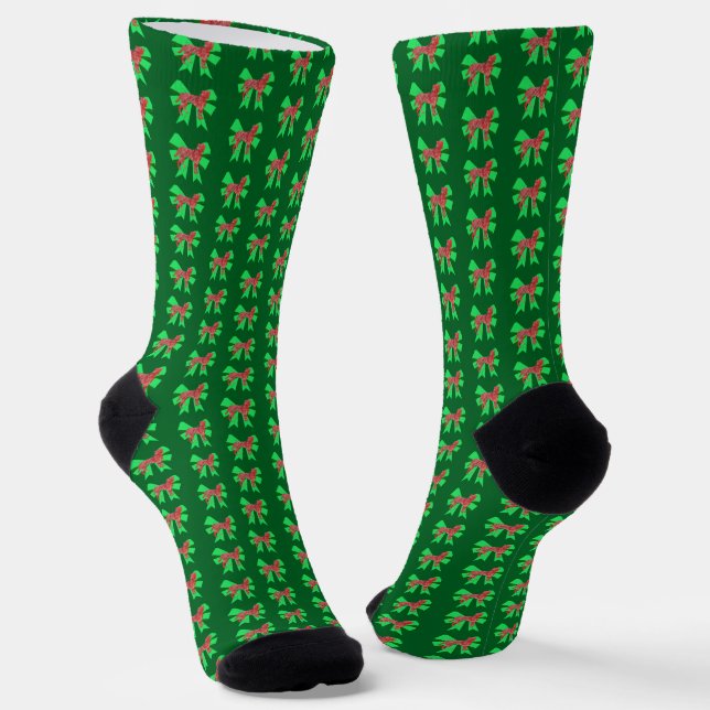 Boxer Dog Christmas Dog Bow Silhouette Green Socks (Angled)