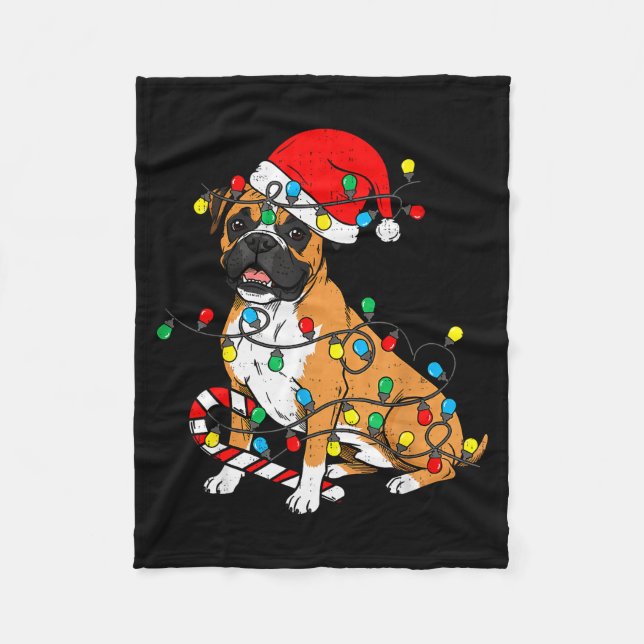 Boxer Dog Christmas Lights Pajama Santa Xmas Pet D Fleece Blanket (Front)